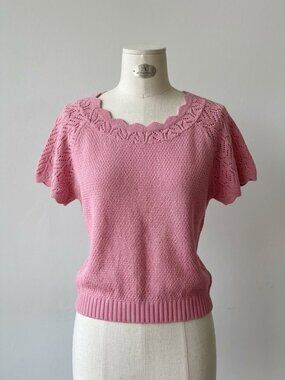 Vintage Haband size Large Women’s Dusty Pink Short Sleeve Crochet Knit Sweater